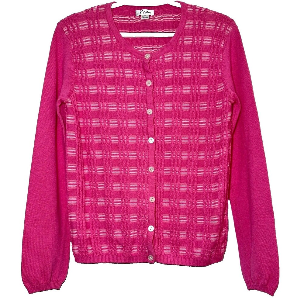 Lilly Pulitzer Cardigan Sweater M Pink Plaid Cable Knit Cotton Preppy Y2K